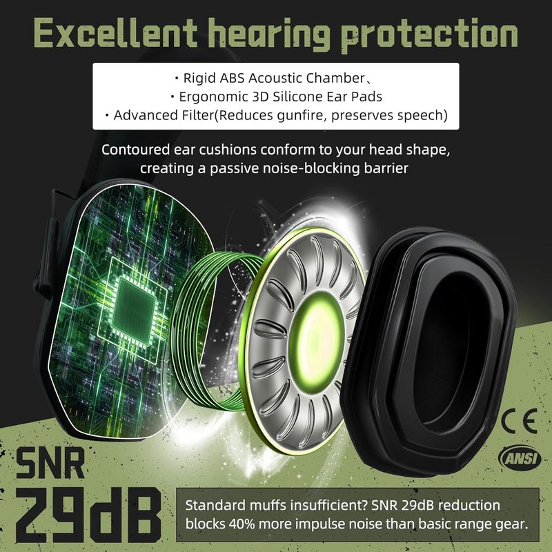 PROHEAR 022 Upgraded Electronic Shooting Earmuffs with Gel Cooling Ear Cushions - 29dB SNR Noise Reduction for Hunting & Gun Range, 5X Sound Amplification, 4 Omnidirectional Mics, HD Speakers,Green - Image 5